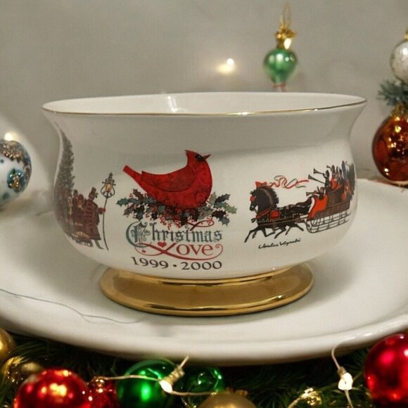 WYSOCKI Christmas Love Bowl 1999-2000 Ceramic Teleflora Bowl Gold Accent Trim - Picture 2 of 16